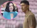 Kobieta w niebieskiej sukni, która może być siostrą Roberta Lewandowskiego, obok piłkarza.