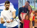 Novak Đoković z rodziną. Na zdjęciu widać tenisistę w akcji i jego żonę z dziećmi, którzy dumnie prezentują medale.