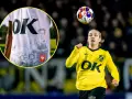 Piłkarz NAC Breda w żółtej koszulce z logo OK. W tle widać fragment koszulki z historycznymi zdjęciami i godłem Polski.