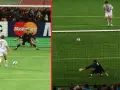 Karny strzał w finale Ligi Mistrzów Milan Liverpool 2005. Bramkarz broni, piłka leci w stronę siatki.
