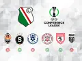 Herb Legii Warszawa i logo Ligi Konferencji UEFA. Poniżej loga innych drużyn: Szachtar Donieck, FC Sheriff Tiraspol, NK Celje, Lincoln Red Imps, Samsunspor, Noah Erywań.