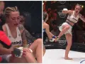 Natalie Wayne MMA: zawodniczka płacze po kontuzji kolana, a na drugim zdjęciu wykonuje kopnięcie.