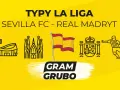 Typy La Liga: Sevilla FC - Real Madryt. Ikony stadionu, Sagrada Familia, flaga Hiszpanii, herb i piłkarz.