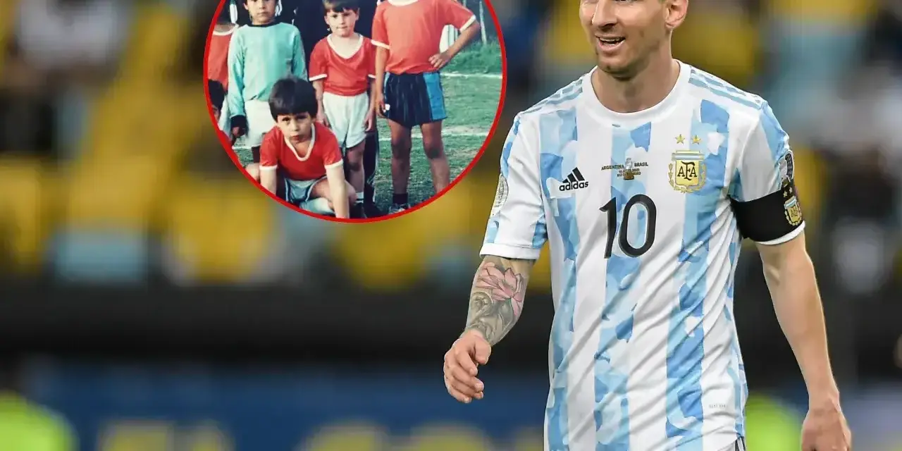 Lionel Messi wzrost: porównanie dorosłego piłkarza z dzieciństwa. Na zdjęciu młody Messi w grupie chłopców i dorosły Messi w stroju Argentyny.