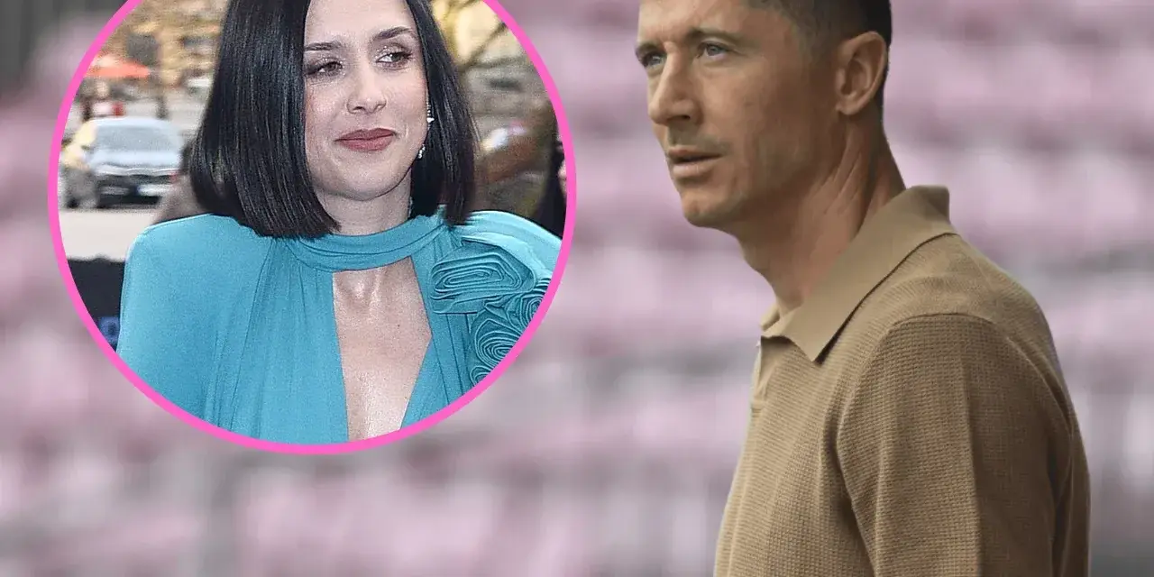 Kobieta w niebieskiej sukni, która może być siostrą Roberta Lewandowskiego, obok piłkarza.