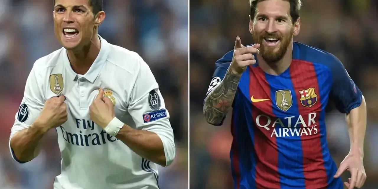 Cristiano Ronaldo w białej koszulce Realu Madryt i Leo Messi w niebiesko-czerwonej koszulce Barcelony. Kto lepszy: Messi czy Ronaldo?