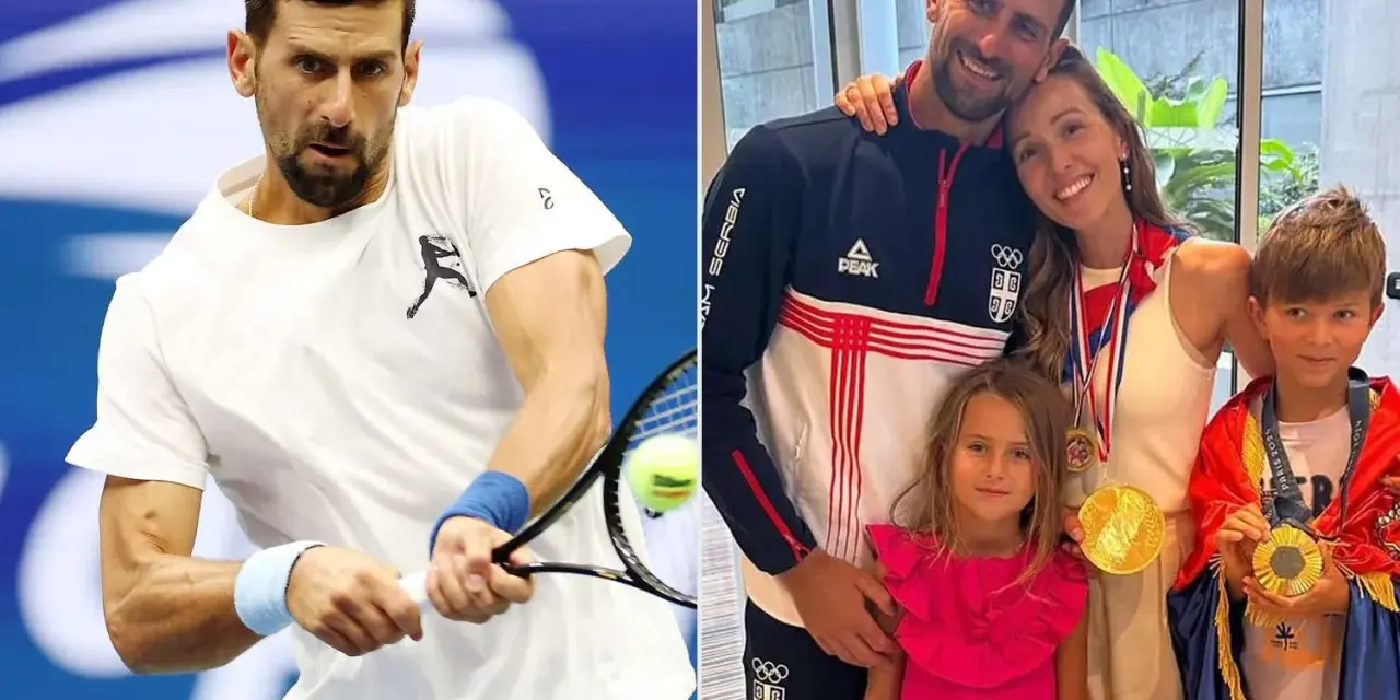 Novak Đoković z rodziną. Na zdjęciu widać tenisistę w akcji i jego żonę z dziećmi, którzy dumnie prezentują medale.
