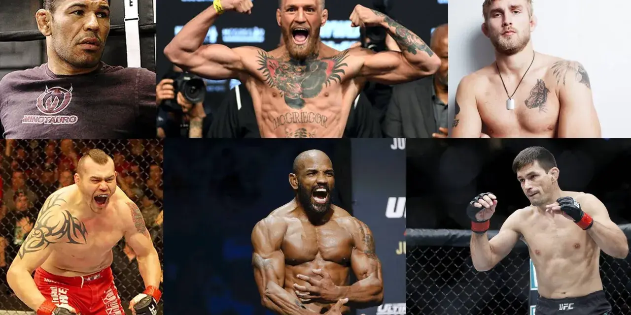 Sześciu zawodników MMA, w tym słynni mma zawodnicy polscy, gotowi do walki.