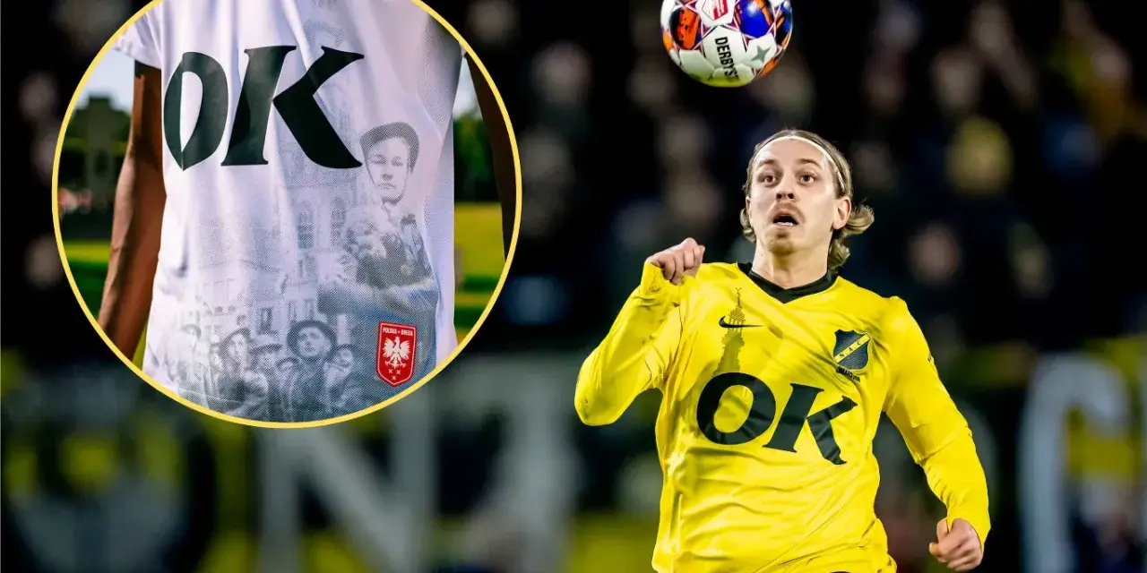 Piłkarz NAC Breda w żółtej koszulce z logo OK. W tle widać fragment koszulki z historycznymi zdjęciami i godłem Polski.