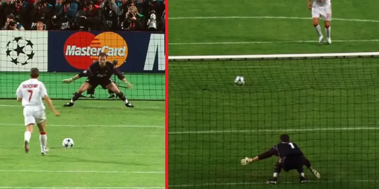 Karny strzał w finale Ligi Mistrzów Milan Liverpool 2005. Bramkarz broni, piłka leci w stronę siatki.