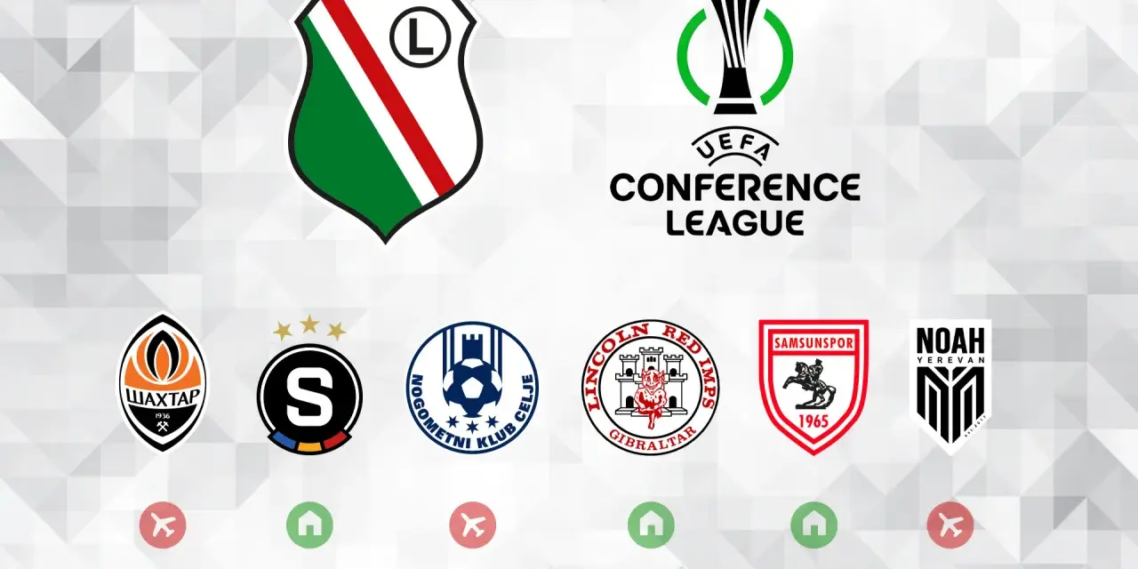 Herb Legii Warszawa i logo Ligi Konferencji UEFA. Poniżej loga innych drużyn: Szachtar Donieck, FC Sheriff Tiraspol, NK Celje, Lincoln Red Imps, Samsunspor, Noah Erywań.