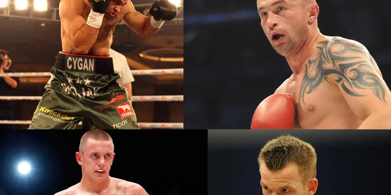 Czterech wojowników: Cygan, Kostecki, Wawrzyk i inni, symbolizujący najlepszych polskich kickbokserów w historii.