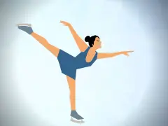 Łyżwiarka figurowa w niebieskiej sukience wykonuje piruet podczas zawodów Grand Prix.
