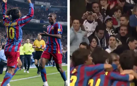 Ronaldinho i Eto'o świętują bramkę w El Clásico 2005. Kibice Realu Madryt w tle.
