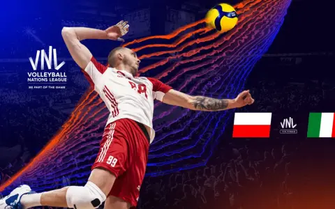 Siatkarz w skoku do ataku podczas turnieju finałowego Ligi Narodów. Polska kontra Włochy.