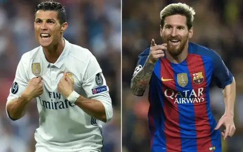 Cristiano Ronaldo w białej koszulce Realu Madryt i Leo Messi w niebiesko-czerwonej koszulce Barcelony. Kto lepszy: Messi czy Ronaldo?