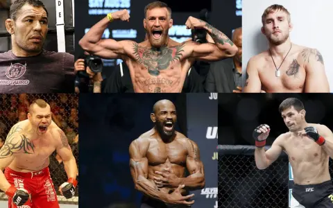 Sześciu zawodników MMA, w tym słynni mma zawodnicy polscy, gotowi do walki.