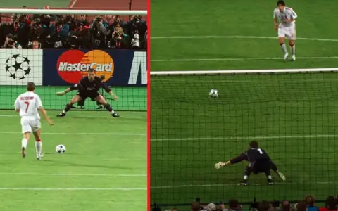 Karny strzał w finale Ligi Mistrzów Milan Liverpool 2005. Bramkarz broni, piłka leci w stronę siatki.