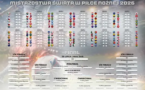 Harmonogram Mistrzostw Świata w Piłce Nożnej 2026, prezentujący grupy, mecze i fazę pucharową. Grupa D to jedna z wielu grup, które biorą udział w tym prestiżowym turnieju.
