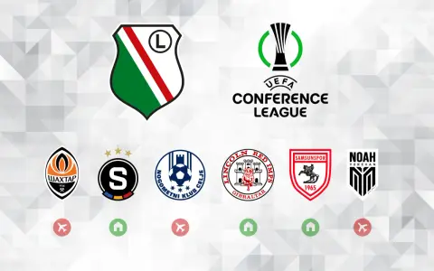 Herb Legii Warszawa i logo Ligi Konferencji UEFA. Poniżej loga innych drużyn: Szachtar Donieck, FC Sheriff Tiraspol, NK Celje, Lincoln Red Imps, Samsunspor, Noah Erywań.