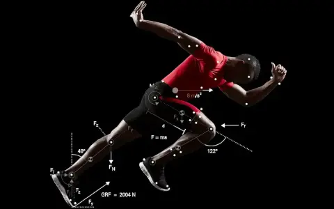 Biegacz w ruchu, z naniesionymi wektorami sił i oznaczeniami, ilustrującymi biomechanikę w sporcie.