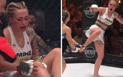 Natalie Wayne MMA: zawodniczka płacze po kontuzji kolana, a na drugim zdjęciu wykonuje kopnięcie.