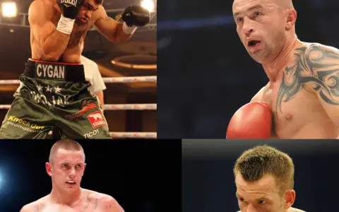 Czterech wojowników: Cygan, Kostecki, Wawrzyk i inni, symbolizujący najlepszych polskich kickbokserów w historii.