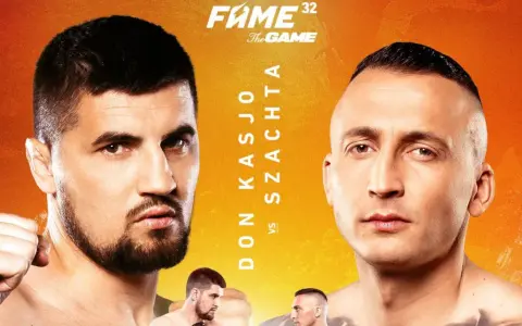 Karta walk Fame MMA 32: Don Kasjo vs Szachta. Dwóch zawodników w zbliżeniu, gotowych do walki.