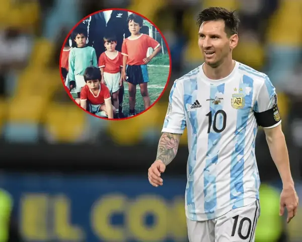 Lionel Messi wzrost: porównanie dorosłego piłkarza z dzieciństwa. Na zdjęciu młody Messi w grupie chłopców i dorosły Messi w stroju Argentyny.