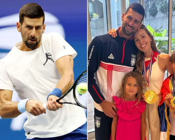 Novak Đoković z rodziną. Na zdjęciu widać tenisistę w akcji i jego żonę z dziećmi, którzy dumnie prezentują medale.