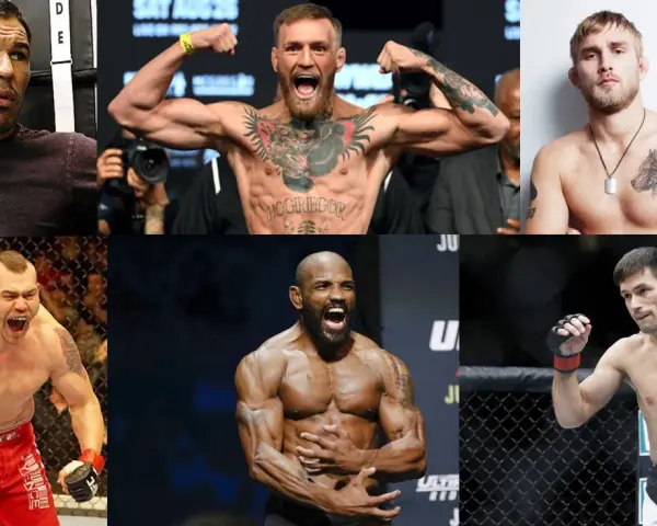 Sześciu zawodników MMA, w tym słynni mma zawodnicy polscy, gotowi do walki.