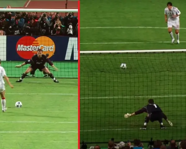 Karny strzał w finale Ligi Mistrzów Milan Liverpool 2005. Bramkarz broni, piłka leci w stronę siatki.