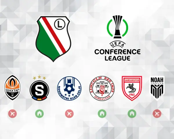 Herb Legii Warszawa i logo Ligi Konferencji UEFA. Poniżej loga innych drużyn: Szachtar Donieck, FC Sheriff Tiraspol, NK Celje, Lincoln Red Imps, Samsunspor, Noah Erywań.
