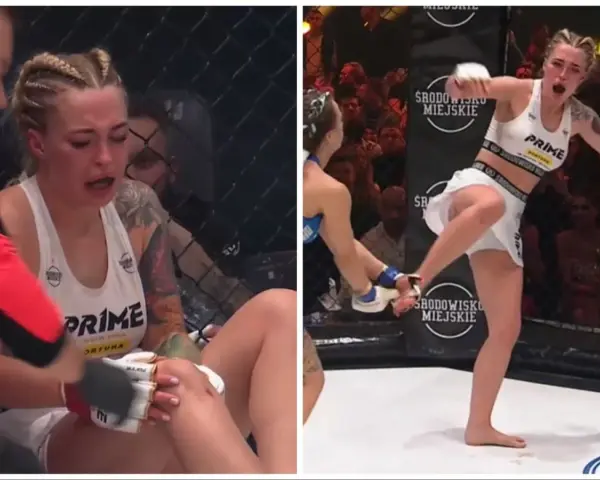 Natalie Wayne MMA: zawodniczka płacze po kontuzji kolana, a na drugim zdjęciu wykonuje kopnięcie.