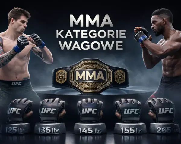 Dwóch zawodników MMA w pozycjach bojowych, pas mistrzowski UFC i rękawice z wagami: 125, 135, 145, 155, 265 lbs.