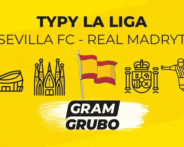 Typy La Liga: Sevilla FC - Real Madryt. Ikony stadionu, Sagrada Familia, flaga Hiszpanii, herb i piłkarz.