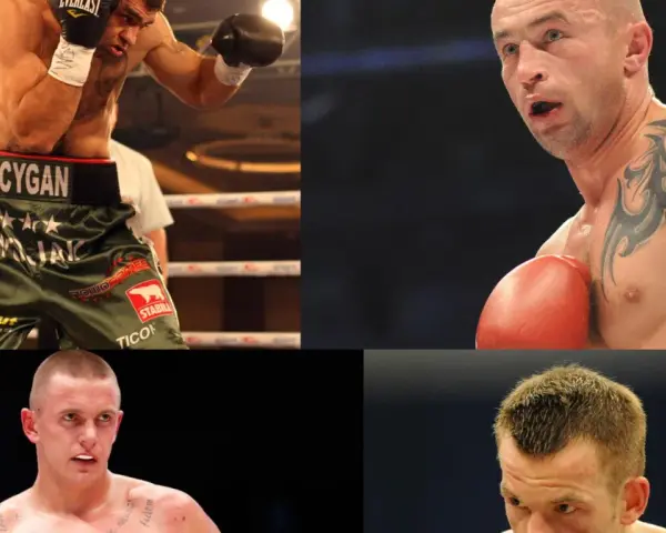 Czterech wojowników: Cygan, Kostecki, Wawrzyk i inni, symbolizujący najlepszych polskich kickbokserów w historii.