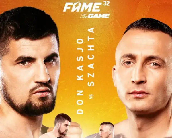Karta walk Fame MMA 32: Don Kasjo vs Szachta. Dwóch zawodników w zbliżeniu, gotowych do walki.