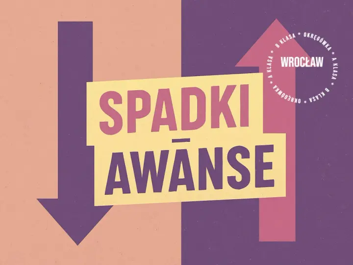 Grafika o spadkach i awansach w piłce nożnej, z hasłem "SPADKI AWANSE" i informacją o klasach rozgrywkowych we Wrocławiu.
