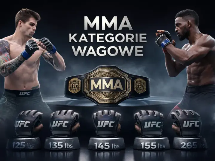 Dwóch zawodników MMA w pozycjach bojowych, pas mistrzowski UFC i rękawice z wagami: 125, 135, 145, 155, 265 lbs.