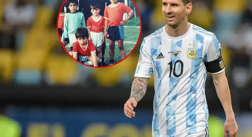 Lionel Messi wzrost: porównanie dorosłego piłkarza z dzieciństwa. Na zdjęciu młody Messi w grupie chłopców i dorosły Messi w stroju Argentyny.