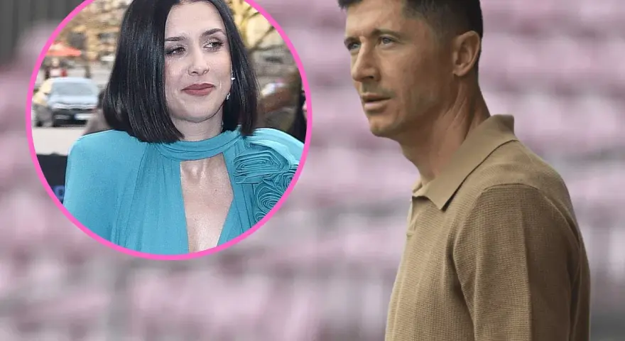 Kobieta w niebieskiej sukni, która może być siostrą Roberta Lewandowskiego, obok piłkarza.