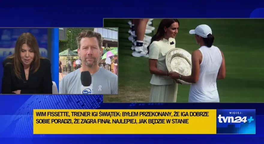 Wim Fissette, trener Igi Świątek, z dumą patrzy na jej sukces. Na zdjęciu widać też Kate Middleton wręczającą puchar.