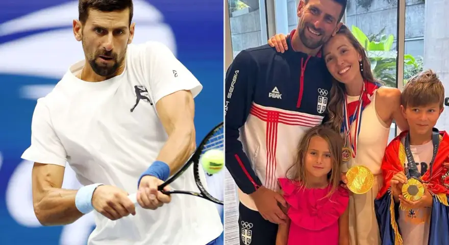 Novak Đoković z rodziną. Na zdjęciu widać tenisistę w akcji i jego żonę z dziećmi, którzy dumnie prezentują medale.