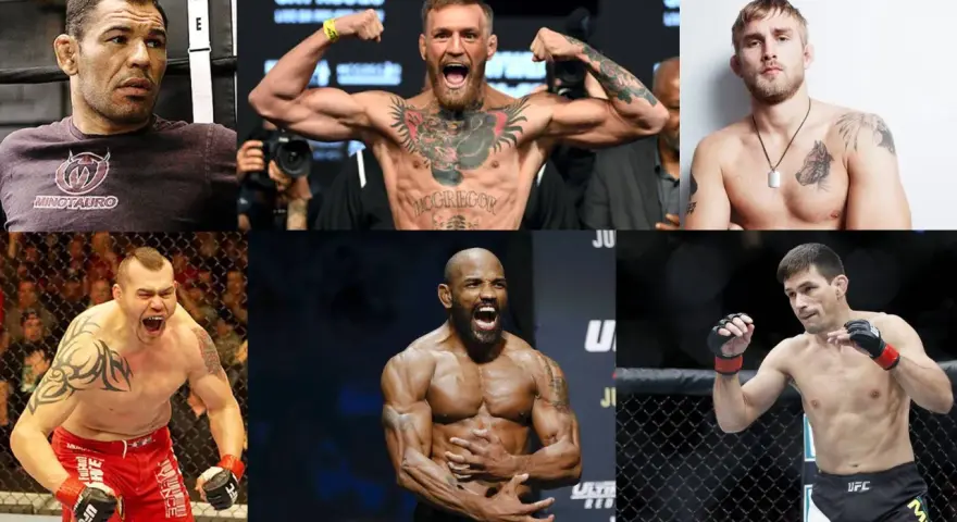 Sześciu zawodników MMA, w tym słynni mma zawodnicy polscy, gotowi do walki.