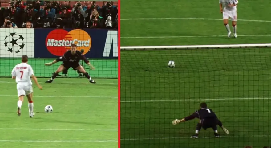 Karny strzał w finale Ligi Mistrzów Milan Liverpool 2005. Bramkarz broni, piłka leci w stronę siatki.
