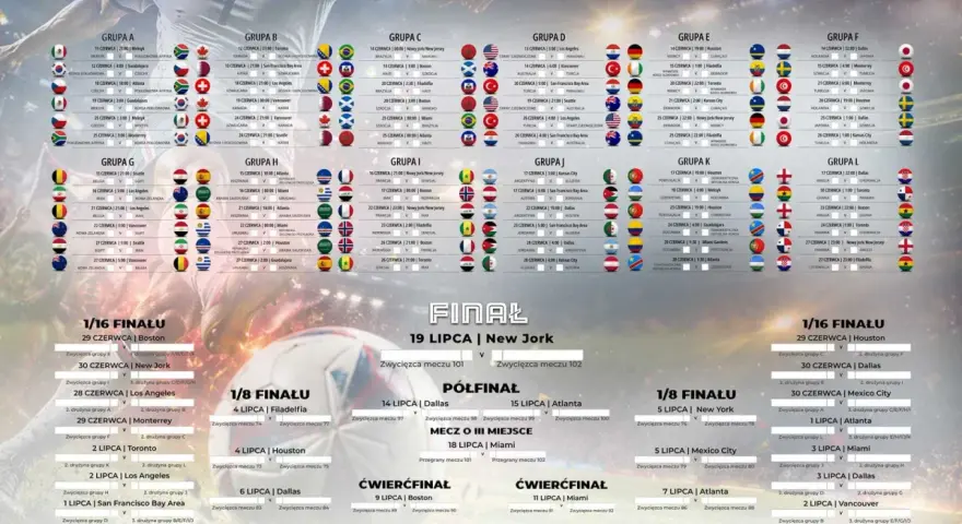 Harmonogram Mistrzostw Świata w Piłce Nożnej 2026, prezentujący grupy, mecze i fazę pucharową. Grupa D to jedna z wielu grup, które biorą udział w tym prestiżowym turnieju.