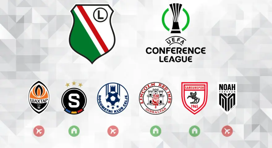 Herb Legii Warszawa i logo Ligi Konferencji UEFA. Poniżej loga innych drużyn: Szachtar Donieck, FC Sheriff Tiraspol, NK Celje, Lincoln Red Imps, Samsunspor, Noah Erywań.