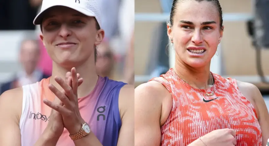 Iga Świątek i Aryna Sabalenka, dwie czołowe tenisistki, w zbliżeniu.