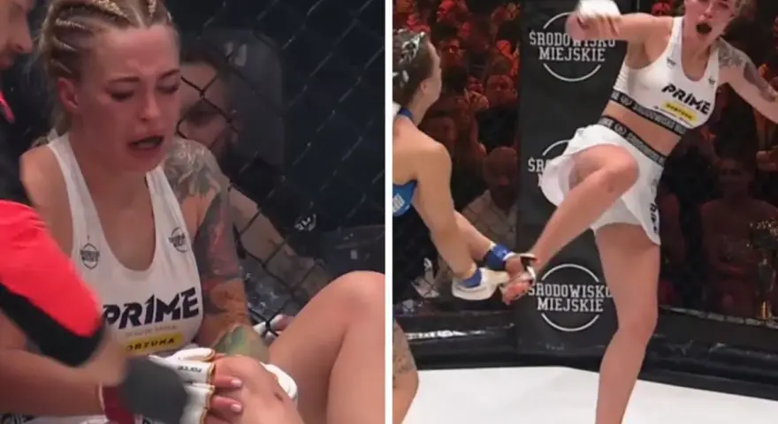 Natalie Wayne MMA: zawodniczka płacze po kontuzji kolana, a na drugim zdjęciu wykonuje kopnięcie.